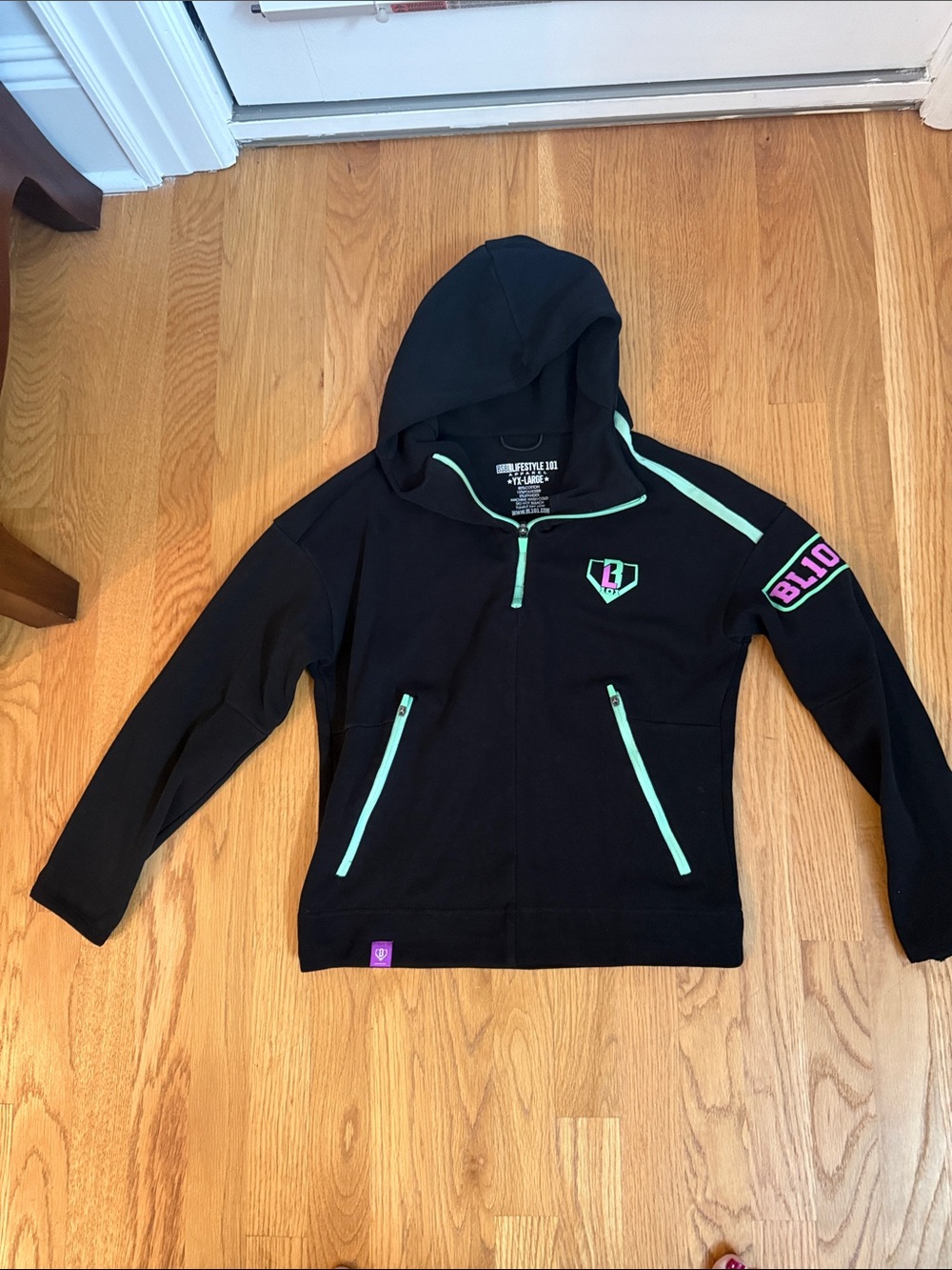 Baseball Lifestyle 101 Black Hoodie with Mint Trim and Purple Logo